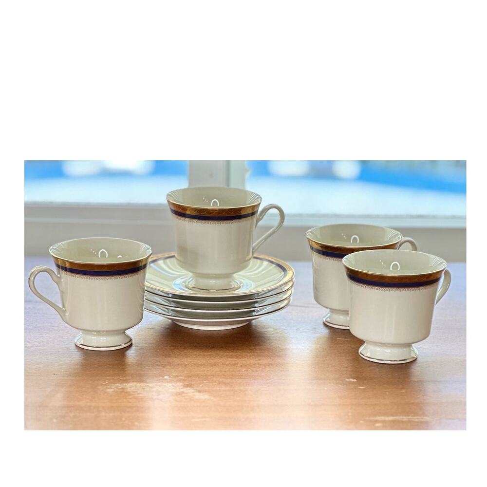 Vtg Fine China Cups & Saucers Alhambra Pattern by Ranmaru Cobalt Blue/Gold Set/4